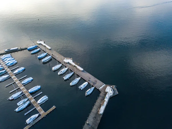 Flygfoto Båtar Marinan Vintermorgon — Stockfoto