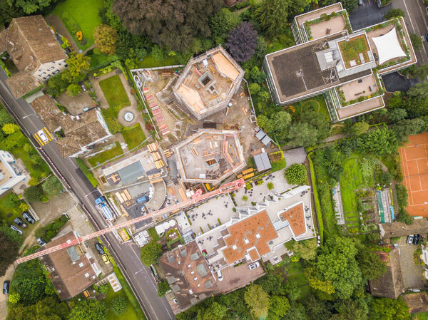 Aerial view of building in residential area in european city