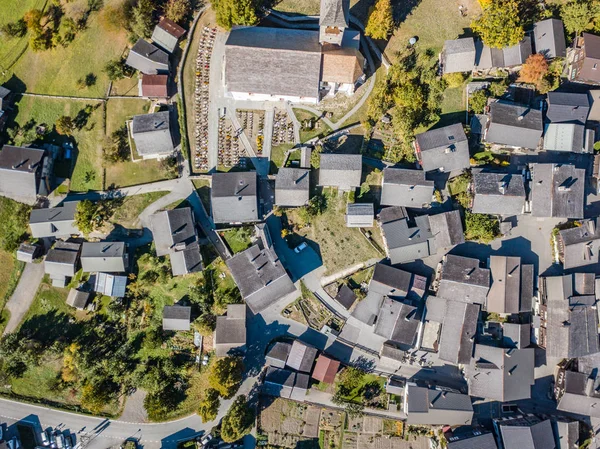 Aerial View Tiny Houses Rural Village Swiss Mountains — 스톡 사진