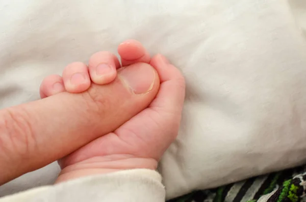 Hand Van Pasgeboren Baby Die Vinger Van Een Mannelijke Volwassene — Stockfoto