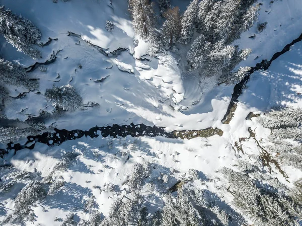 Veduta Aerea Del Fiume Attraverso Foresta Coperta Neve Scena Calma — Foto Stock