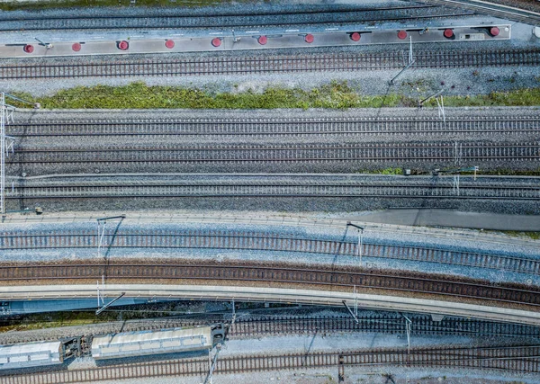 Aerial View Freight Train Wagons Large Railway Track Field Concept — ストック写真