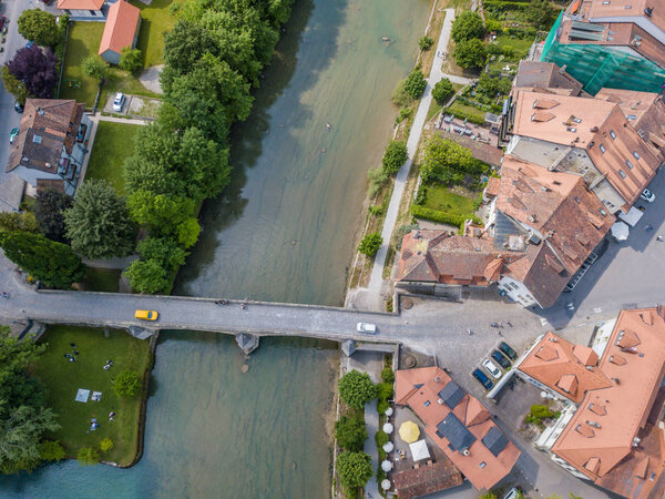 Aerial view of old medieval city of Fribourg in Switzerland