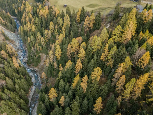 Vista Aérea Desfiladeiro Área Montanha Com Rio Através Floresta — Fotografia de Stock