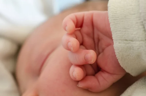 Hand Newborn Baby Holding Male Adult Finger Concept Help Family — Stock Photo, Image