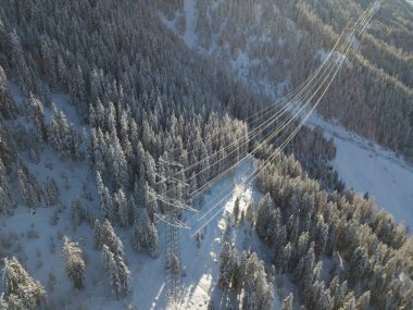 İsviçre 'deki Alp Vadisi' nden geçen elektrik hattının havadan görüntüsü. Kar kışın ağaçları kapladı. Güç iletimi kavramı.
