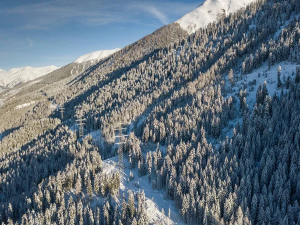 Flygfoto Kraftledning Genom Alpin Dal Schweiz Snötäckta Träd Vintern Begreppet — Stockfoto