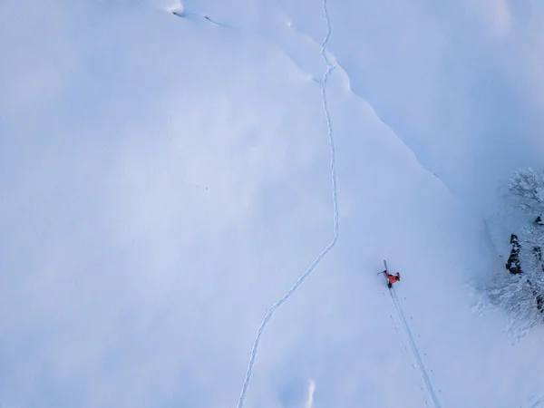 Flygfoto Över Bergsbestigare Vandring Uppåt Med Turskidor Snötäckt Backcountry Begreppet — Stockfoto