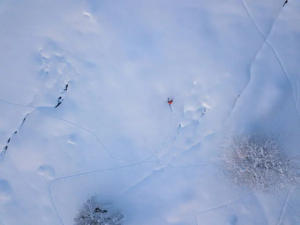 Aerial View Mountaineer Hiking Upwards Touring Ski Snow Covered Backcountry — 스톡 사진