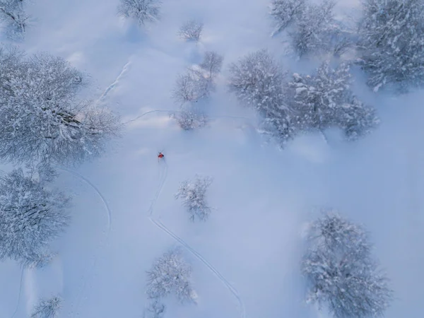 Aerial View Mountaineer Hiking Upwards Touring Ski Snow Covered Backcountry — 스톡 사진