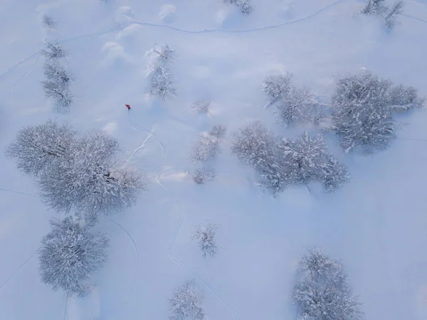 Aerial View Mountaineer Hiking Upwards Touring Ski Snow Covered Backcountry — 스톡 사진