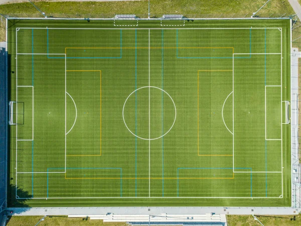 Vista Aérea Golo Futebol Campo Futebol Vazio Com Linhas Brancas — Fotografia de Stock