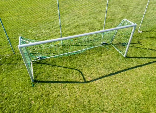 Vista Aérea Gol Futebol Prado Verde Futebol Amador Com Gol — Fotografia de Stock