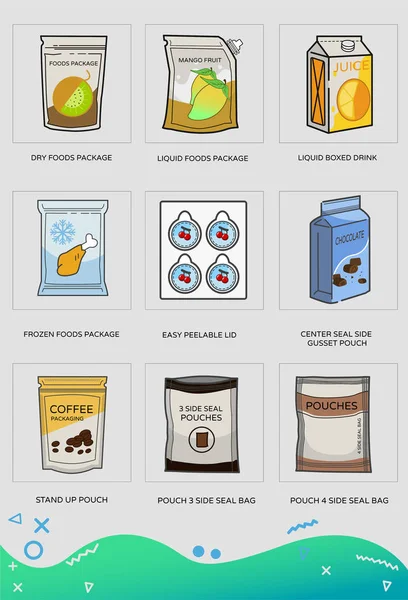 Düz simgelerin esnek ve kese paketleme seti