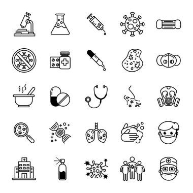 Webicons virüsü ve tıbbi ince çizgi, ince çizgi tarzı, vektör illüstrasyonu
