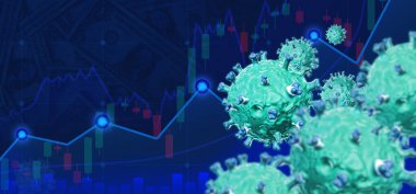 Borsa mavi çizgi grafiği Coronavirus, diyagramlar, iş ve finans kavramları ve raporları ile ekonomik grafik, soyut mavi teknoloji iletişim konsepti vektör arkaplan 