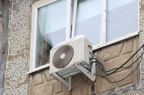 White Air Conditioning Part Split System Hanging Brick Wall Building — Stock Photo, Image