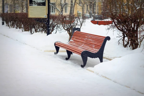 wooden bench bench in a winter snowy park on a background of bushes.