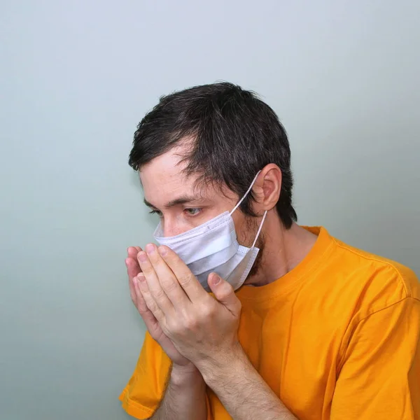 Middle Aged Adult Man Yellow Shirt Gray Background Medical Mask — Stock Photo, Image