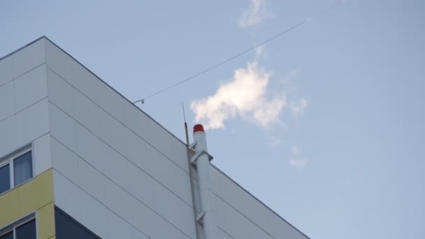 Chimney Comes White Smoke Backlit Sun Roof Multi Storey Building — Stock Video