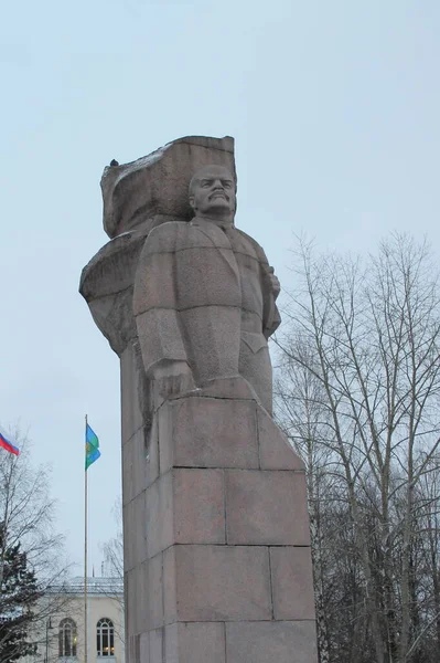 Pomnik Lenina Granitu Pokrytego Śniegiem Ulicy Miejskiej Rosji Zimą — Zdjęcie stockowe