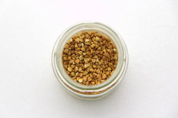 Glass Jar Buckwheat White Background Top View Concept Healthy Nutrition — Stock Photo, Image