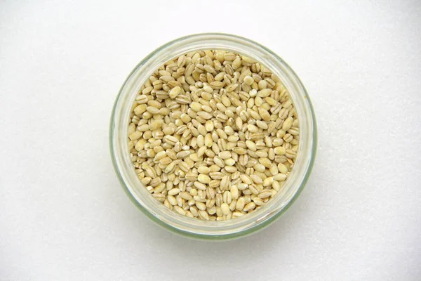 Glass Jar Barley White Background Top View Concept Healthy Nutrition — Stock Photo, Image