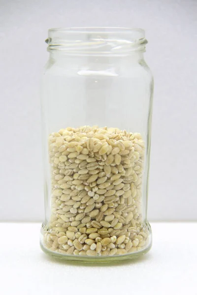 Glass Jar Barley White Background Side View Concept Healthy Nutrition — Stock Photo, Image