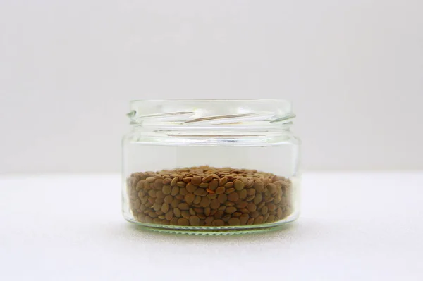 Glass Jar Lentils White Background Side View Concept Healthy Nutrition — Stock Photo, Image