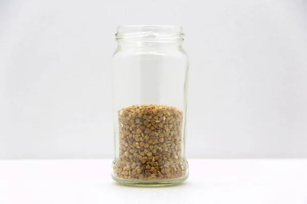 Glass Jar Buckwheat White Background Side View Concept Healthy Nutrition — Stock Photo, Image