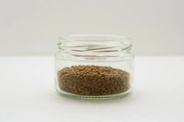 Glass Jar Lentils White Background Side View Concept Healthy Nutrition — Stock Photo, Image