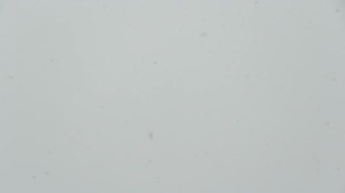 Şehrin arka planında kar yağışı. Gri gökyüzünden kar yağıyor, kar taneleri ön planda uçuyor..