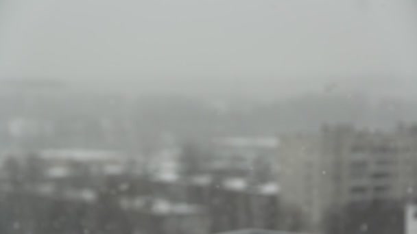 Снігопад Тлі Міста Сніг Падає Сірого Неба Сніжинки Літають Передньому — стокове відео