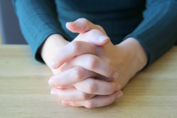 Palms Folded Prayer Clasped Fingers Girl Sits Holds Hands Front — Stock Photo, Image