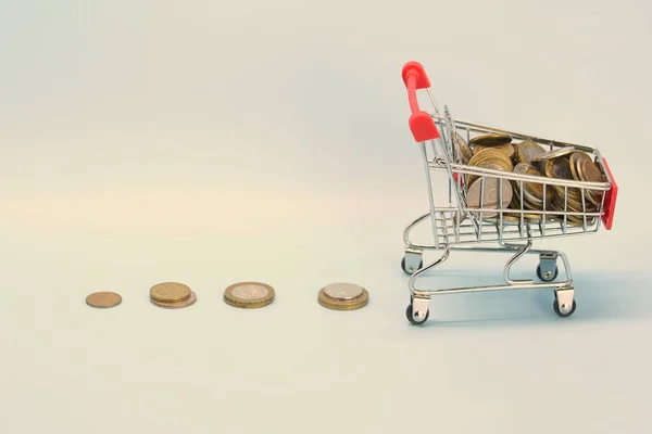 Carrinho de compras com dinheiro russo. Moedas metálicas e uma cesta de compras de lembrança — Fotografia de Stock