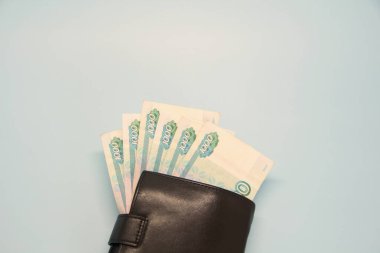 Deri kahverengi cüzdan. Üzerinde Rus parası var..