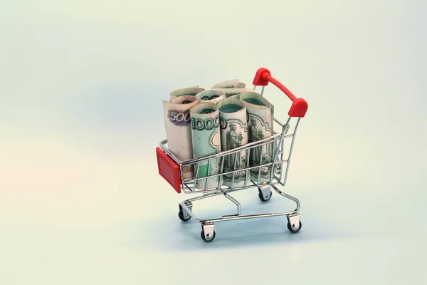 Nákupní košík s ruskými penězi. Papírové bankovky a nákupní košík se suvenýry — Stock fotografie