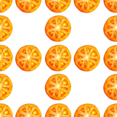 Sulu kırmızı domates dilimlerinin kusursuz sonsuz deseni. Paket kağıdı, kumaş ve duvar kağıdı için tasarım