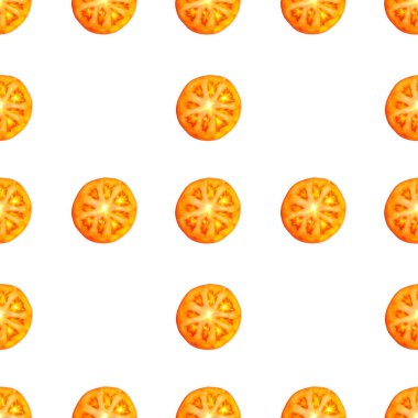 Sulu kırmızı domates dilimlerinin kusursuz sonsuz deseni. Paket kağıdı, kumaş ve duvar kağıdı için tasarım