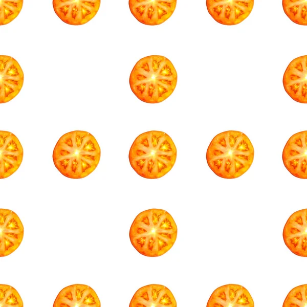 Nahtlos endloses Muster von Scheiben saftig reifer roter Tomaten. Design für Packpapier, Stoff und Tapeten — Stockfoto