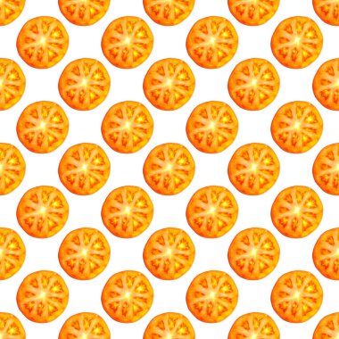 Sulu kırmızı domates dilimlerinin kusursuz sonsuz deseni. Paket kağıdı, kumaş ve duvar kağıdı için tasarım