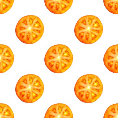 Sulu kırmızı domates dilimlerinin kusursuz sonsuz deseni. Paket kağıdı, kumaş ve duvar kağıdı için tasarım