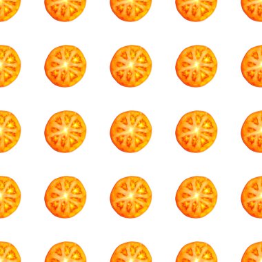 Sulu kırmızı domates dilimlerinin kusursuz sonsuz deseni. Paket kağıdı, kumaş ve duvar kağıdı için tasarım