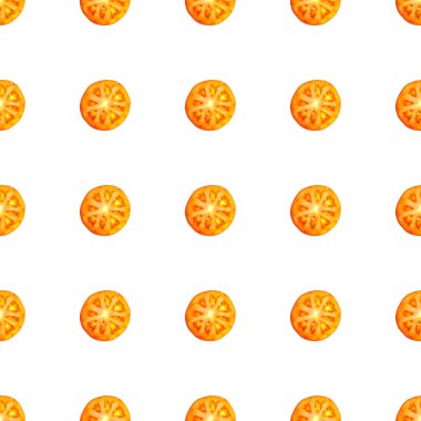 Sulu kırmızı domates dilimlerinin kusursuz sonsuz deseni. Paket kağıdı, kumaş ve duvar kağıdı için tasarım