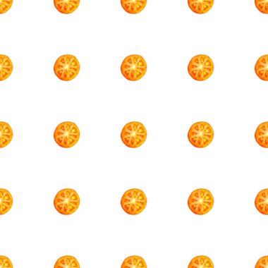 Sulu kırmızı domates dilimlerinin kusursuz sonsuz deseni. Paket kağıdı, kumaş ve duvar kağıdı için tasarım