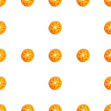 Sulu kırmızı domates dilimlerinin kusursuz sonsuz deseni. Paket kağıdı, kumaş ve duvar kağıdı için tasarım