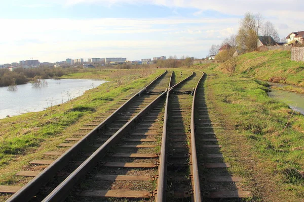 La ferrovia si estende in lontananza sullo sfondo di giovani erba verde e alberi in primavera — Foto Stock