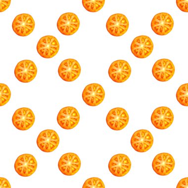 Sulu kırmızı domates dilimlerinin kusursuz sonsuz deseni. Paket kağıdı, kumaş ve duvar kağıdı için tasarım