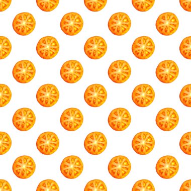 Sulu kırmızı domates dilimlerinin kusursuz sonsuz deseni. Paket kağıdı, kumaş ve duvar kağıdı için tasarım