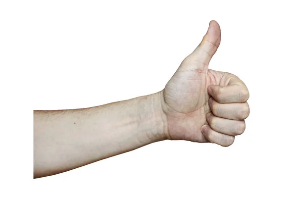 Male hand with fair skin shows a gesture, hand on a white isolation background — Stock Photo, Image